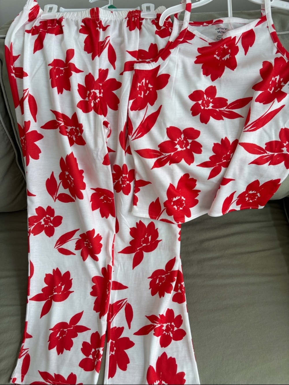 Carter's Girls White Pajama Set with Red Floral Print